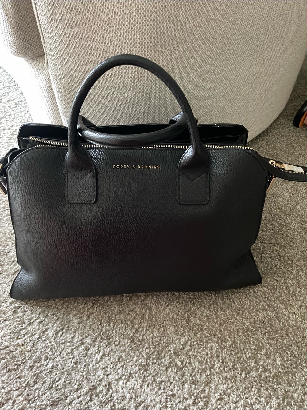 Poppy & Peonies Black Leather Satchel with Gold Logo